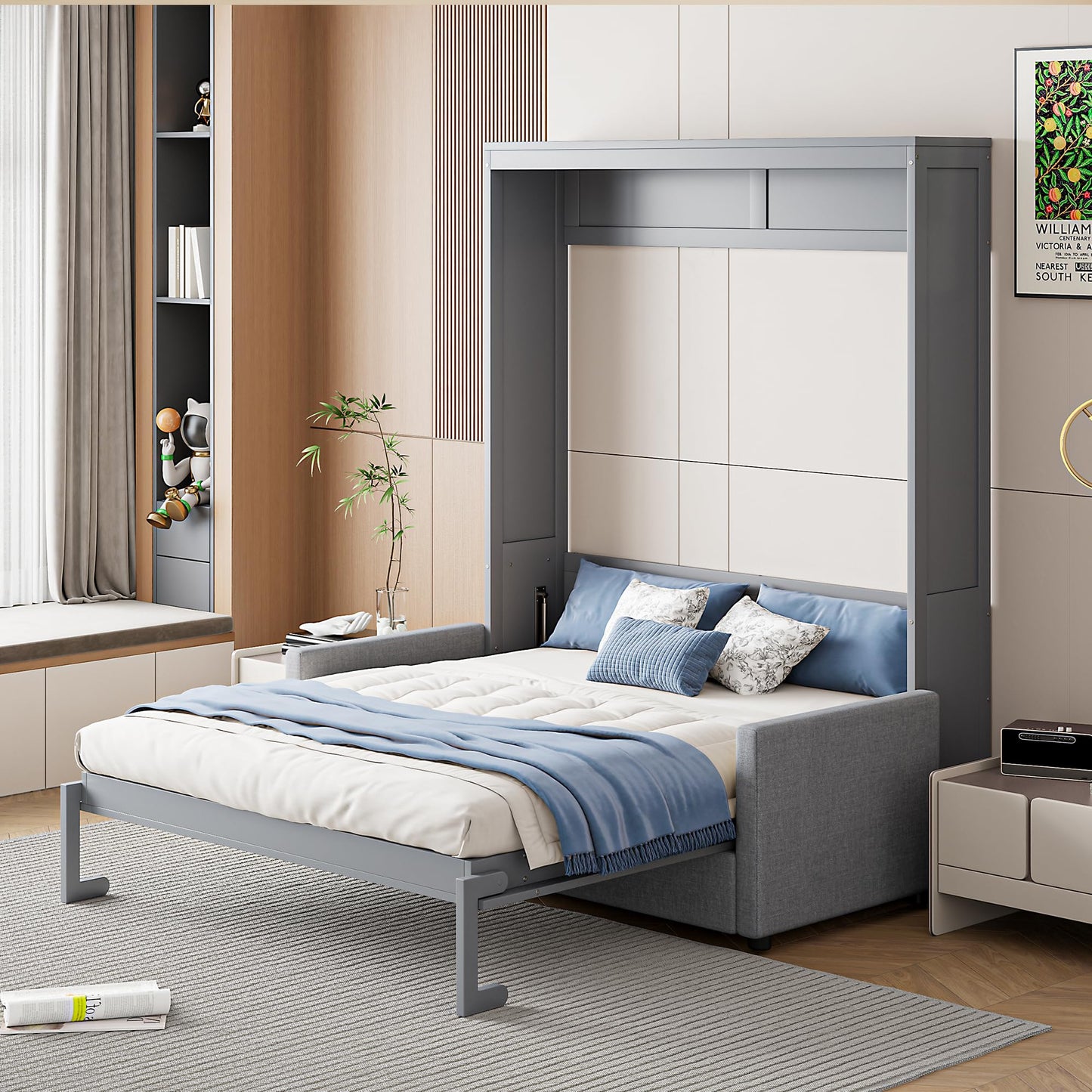 Merax Full Size Murphy Bed, Wood Multi-Function Wallbed with Sofa, Wooden Slat Support for Kids, Teens, Adults, Gray