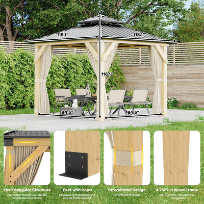 10x10 FT Outdoor Hardtop Wood Gazebo with Cedar Frame, Double Galvanized Steel Roof, Patio Pavilion with Curtains, Mesh Netting & Ceiling Hook for Backyard, Deck, Lawn, Garden