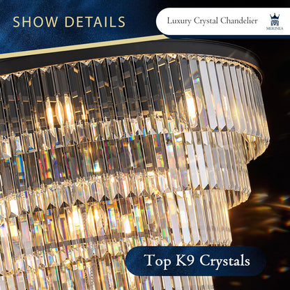 MERINEA Large Black Crystal Chandelier 36" Round Chandeliers for Staircase Modern 22 Lights 7-Tier Luxury K9 Crystal Ceiling Pendant Lighting Fixture for High Ceiling Living Room Foyer