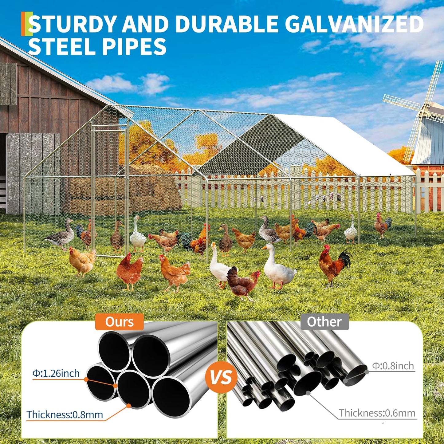 Large Metal Chicken Coop Walk-in Poultry Cage, Chicken Run with Waterproof Anti-UV Cover, Heavy Duty Galvanized Steel Hen House for Outdoor Yard Farm Duck Rabbit (9.8' L x 19.7' W x 6.6' H)