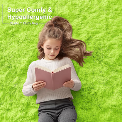 OLANLY Machine Washable 2x6 Runner Rug - Soft Fluffy Shaggy Design for Bedroom & Hallway | Lime Green Home Decor