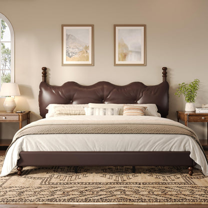Christopher Knight Home Calka Classic King Bed Frame and Headboard, PU Leather Upholstered King Size Bed Frame with Tufted Design, Wooden Slats Support, No Box Spring Needed Bedframe, Dark Brown