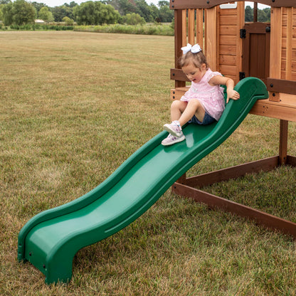 Backyard Discovery Echo Heights Elevated Cedar Wooden Kids Playhouse with Wave Slide, Play Kitchen, Wrap-Around Deck, Flat-Step Ladder, Half Door, Windows, Bell, and Growth Chart for Outdoor Play