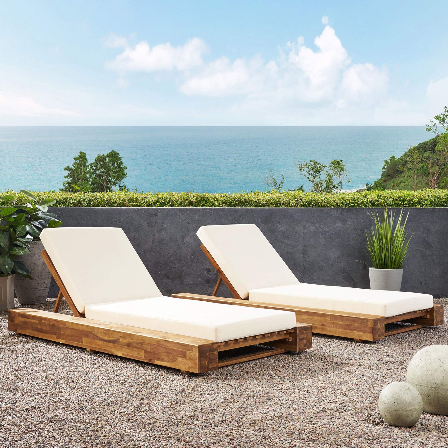 Christopher Knight Home Tory Acacia Wood Chaise Lounge Chair Outdoor Set of 2, Adjustable Backrest Sun Lounger Recliner, Patio Outdoor Chaise Lounge with 4" Thick Water-Resistant Cushions, Teak+Cream