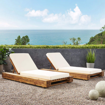 Christopher Knight Home Tory Acacia Wood Chaise Lounge Chair Outdoor Set of 2, Adjustable Backrest Sun Lounger Recliner, Patio Outdoor Chaise Lounge with 4" Thick Water-Resistant Cushions, Teak+Cream