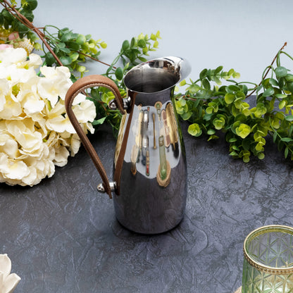 Stainless Steel Silver Water Pitcher Carafe with Leather Handle 10"H by Gute - Elegant Mirror Finish Bell Shaped Jug, For Hot/Cold Water, Iced Tea, Coffee, Sangria, Lemonade, and Flowers 42oz Capacity