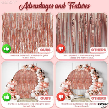 KatchOn, Rose Gold Fringe Curtain - XtraLarge 8x3.2 Feet, Pack of 3 | Rose Gold Backdrop for Bachelorette Party Decor, Graduation Decorations 2025 | Fringe Backdrop for Rosegold Birthday Decorations