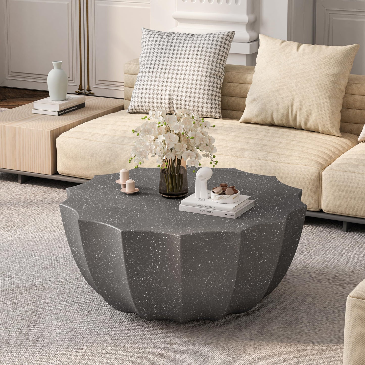 GDFStudio 35.43" Modern Indoor Outdoor Coffee Table, Waterproof Cement Round Table, MgO Concrete Circle Side Table, Creative Shape Small Table for Patio Backyard Living Room, Fully Assembled, Grey