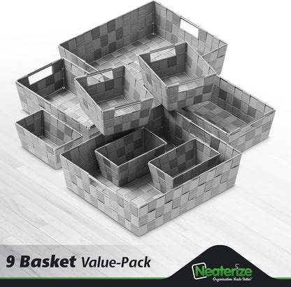 NEATERIZE Closet Organization and Storage Baskets, Set of 9 for Bathroom, Laundry, Baby Nursery, Dark Grey