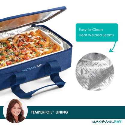 Rachael Ray Lasagna Lugger, Thermal Insulated Casserole Carrier for Hot or Cold Food, Lugger Tote for Potluck, Parties, Picnic, and Cookouts, Fits 9" x 13" Baking Dish, Navy Gingham