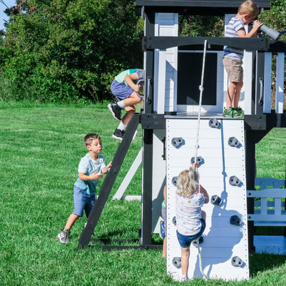 Backyard Discovery Canyon Creek White Cedar Wood Swing Set with Wave Slide, Clubhouse, Play Kitchen, Picnic Area, Belt Swings, Web Swing, Rock Wall, Balconies, Playhouse, Step Ladder, Outdoor Playset