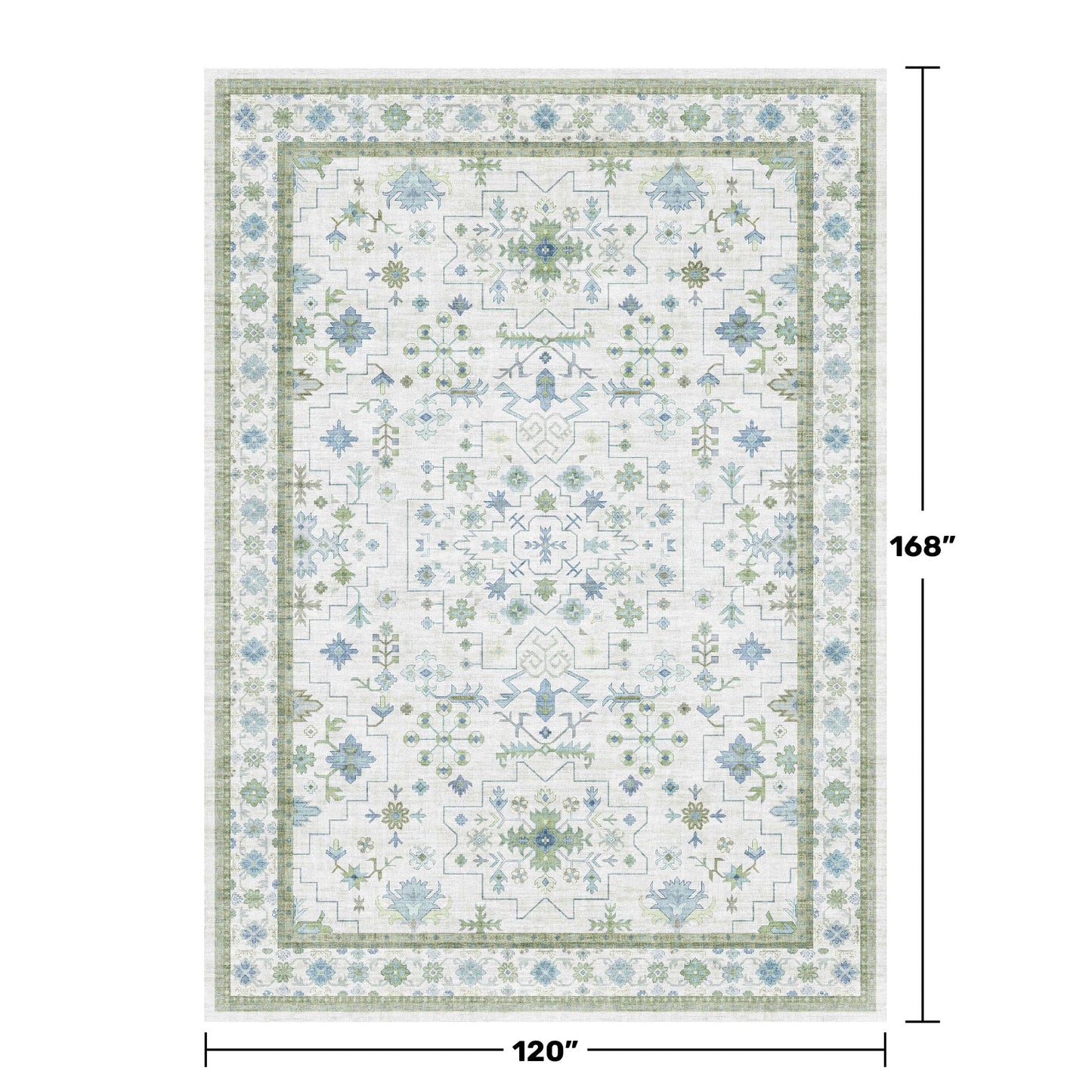 Oriental 10x14 Rug Living Room - Washable Oushak Boho Extra Large for Bedroom Non Slip Soft Faux Wool Carpet for Dining Room Playroom - Cream Blue and Green Floral Rug