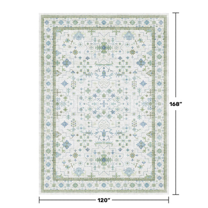 Oriental 10x14 Rug Living Room - Washable Oushak Boho Extra Large for Bedroom Non Slip Soft Faux Wool Carpet for Dining Room Playroom - Cream Blue and Green Floral Rug