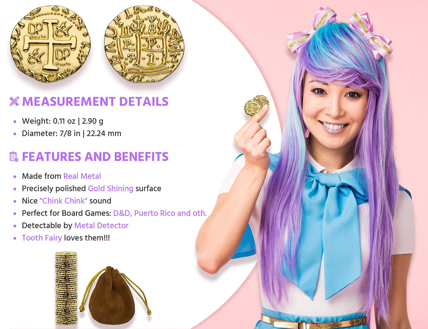 Leib Games Metal Pirate Coins - 35 Gold Treasure Coin Set, Metal Replica Spanish Doubloons for Pirate Party Decorations & Favors, Tokens, Toys, Cosplay - Pirate Treasure Chest, Size 7/8"
