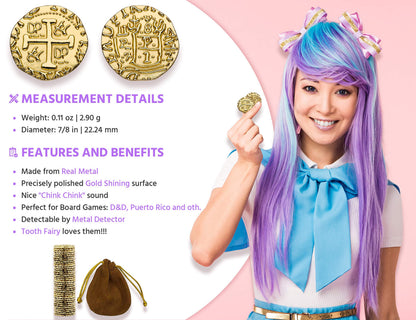 Leib Games Metal Pirate Coins - 35 Gold Treasure Coin Set, Metal Replica Spanish Doubloons for Pirate Party Decorations & Favors, Tokens, Toys, Cosplay - Pirate Treasure Chest, Size 7/8"