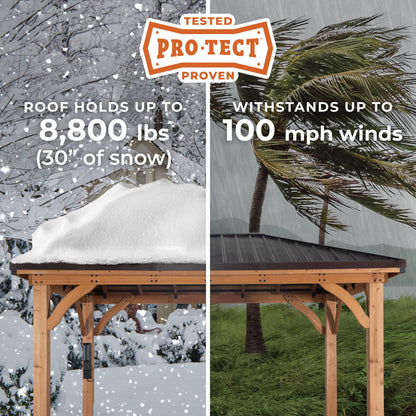 Backyard Discovery Barrington 14' x 12' Cedar Wood Outdoor Gazebo Pavilion with Hardtop Galvanized Steel Hip Roof, Snow Support, Wind Resistance, PowerPort, Shade for Garden, Patio, Deck, Entertaining