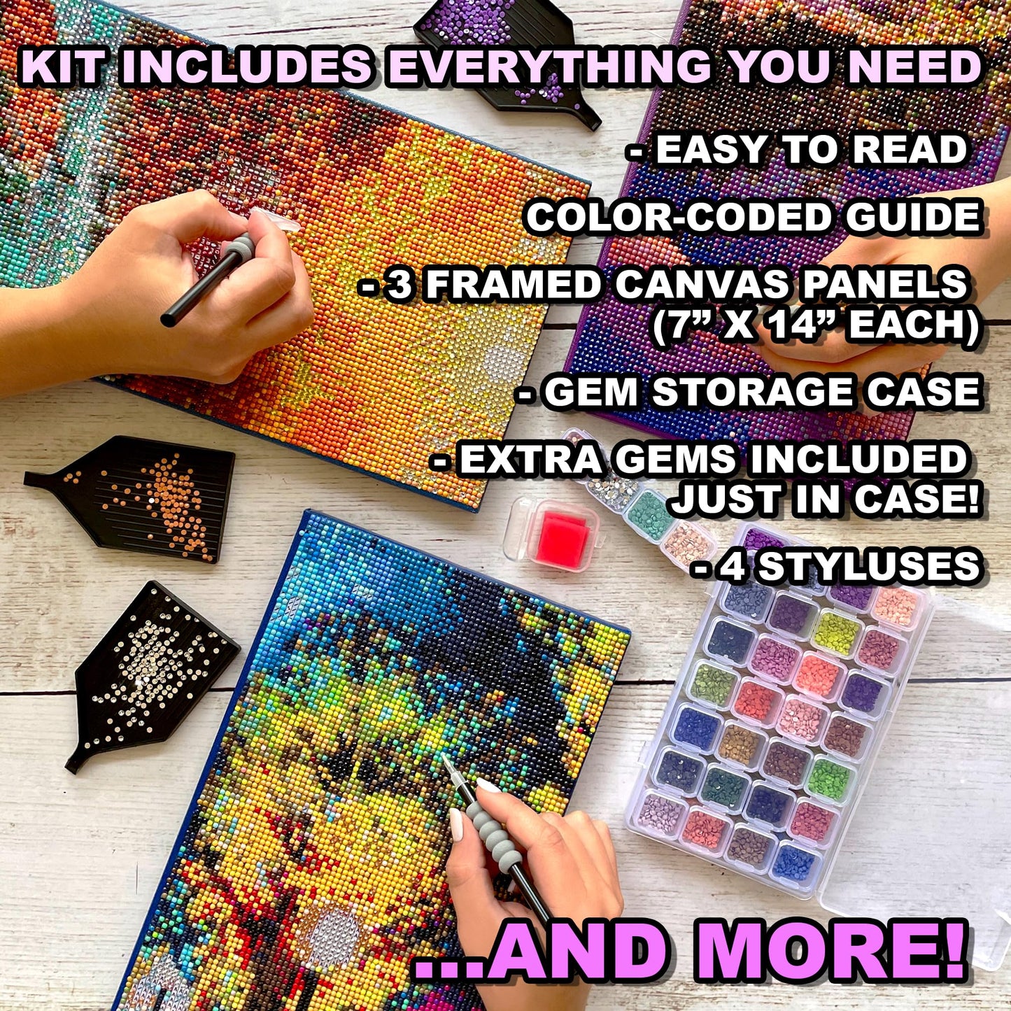 ArtSkills Diamond Painting Kit, Diamond Art on Framed Canvas with Gem Storage Case and Accessory Kit, Waterfall, 3 Stretched Canvas Panels, 14” x 7” Each