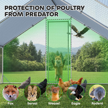 PawHut Large Chicken Coop Metal Chicken Run with Waterproof and Anti-UV Cover, Spire Shaped Walk in Fence Cage Hen House for Outdoor and Yard Farm Use, 1" Tube Diameter, 9.8' x 26.2' x 6.6'