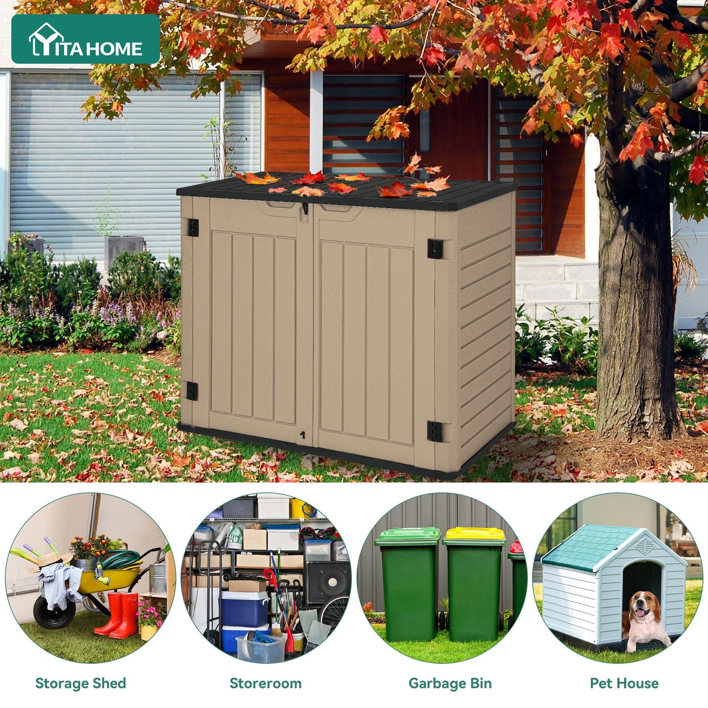 YITAHOME Outdoor Horizontal Storage Sheds w/o Shelf, 35 Cu Ft Lockable Resin Waterproof Shed, Ideal for Garden Tools, Easy to Assemble, Brown