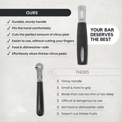 A Bar Above Black Handle Stainless Steel Channel Knife, Chef-Grade Citrus Garnish Tool, Zester and Fruit Peeler for Cocktails, Culinary Presentation, and Kitchen Use