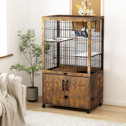 Megidok Furniture Cat Cages Indoor with Wooden Hidden Litter Box Enclosure Built-in Urine Cover Cat Kennel Cat Crates Cat Playpen - Rustic Brown