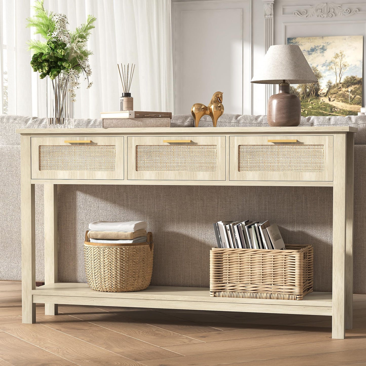 ELYKEN Rattan 51.2" Console Table with 3 Drawer, Entryway Table with Drawer & Shelf, Boho Sofa Table Behind Couch Foyer for Living Room, Hallway, Natural Wood
