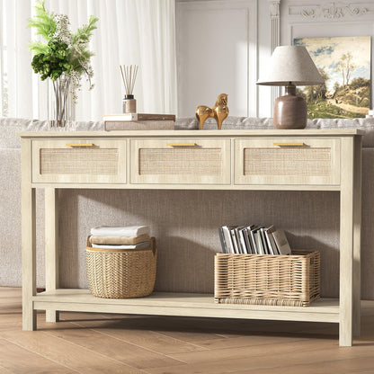 ELYKEN Rattan 51.2" Console Table with 3 Drawer, Entryway Table with Drawer & Shelf, Boho Sofa Table Behind Couch Foyer for Living Room, Hallway, Natural Wood