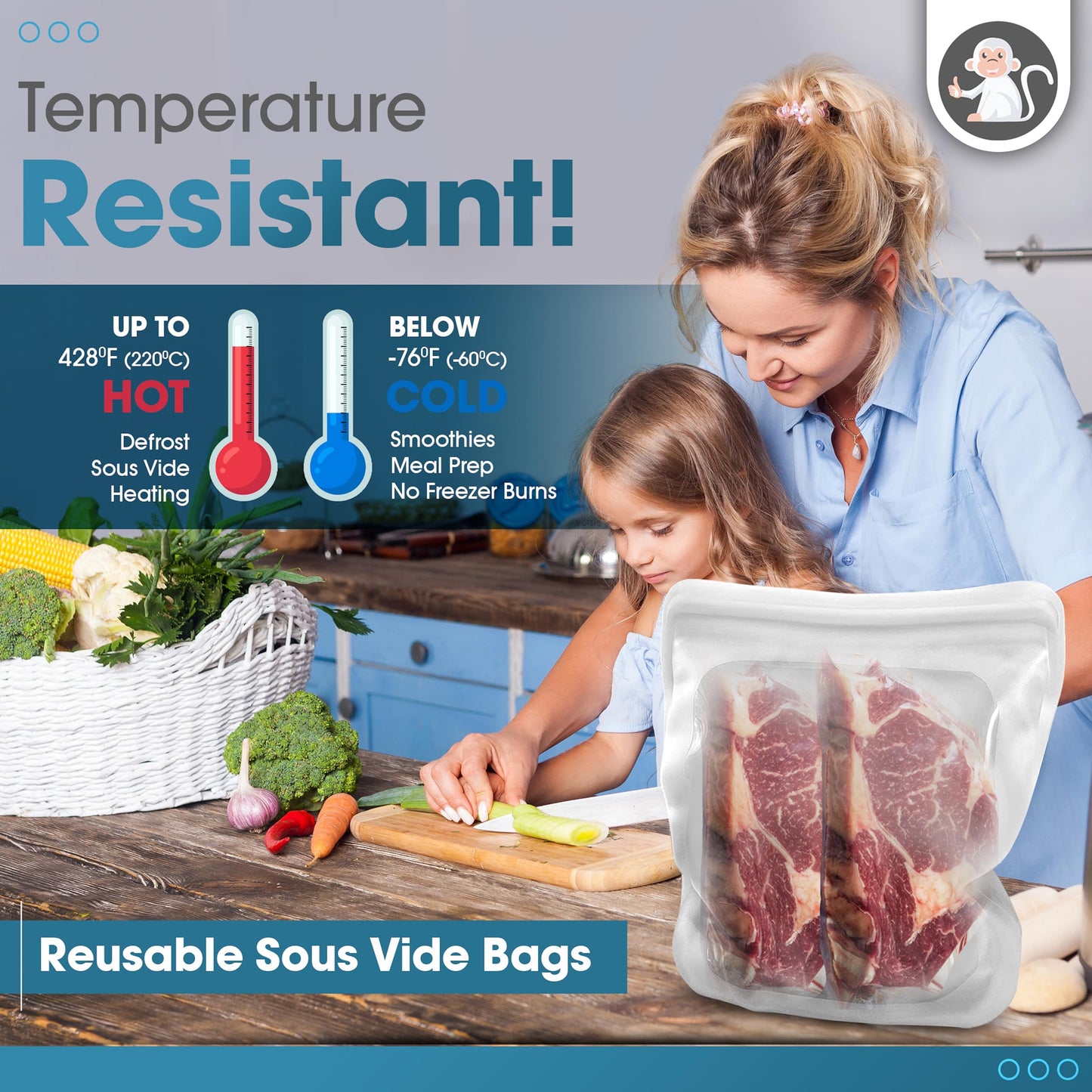 Albino Monkey Reusable Silicone Sous Vide Bag - 1 Gallon, 135oz. XXL - 1 pcs Food Storage Bag, Freezer Container, Zero Waste Alternative for Sous Vide Cooker, Kitchen Organization, and Meal Prep Bags