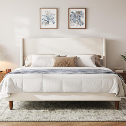 Merax Solid Wood Queen Size Boucle Bed Frame with Wingback Headboard, Modern Upholstered Platform with Walnut Wooden Legs, Strong Wooden Slats, No Box Spring Needed, Easy Assembly, Noise-Free, Ivory