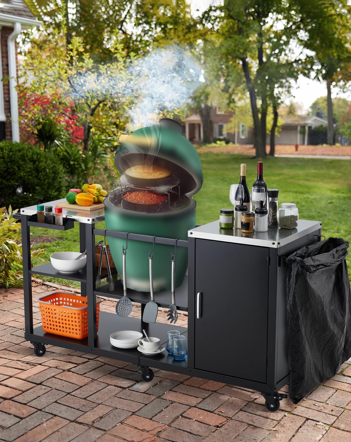 Grill Cart for Big Green Egg Style BBQ, Heavy Duty Metal Outdoor Grill Station Prep Table with Storage,BBQ Prep Table with Stainless Steel Top, Storage Cabinet, Outdoor Kitchen Island