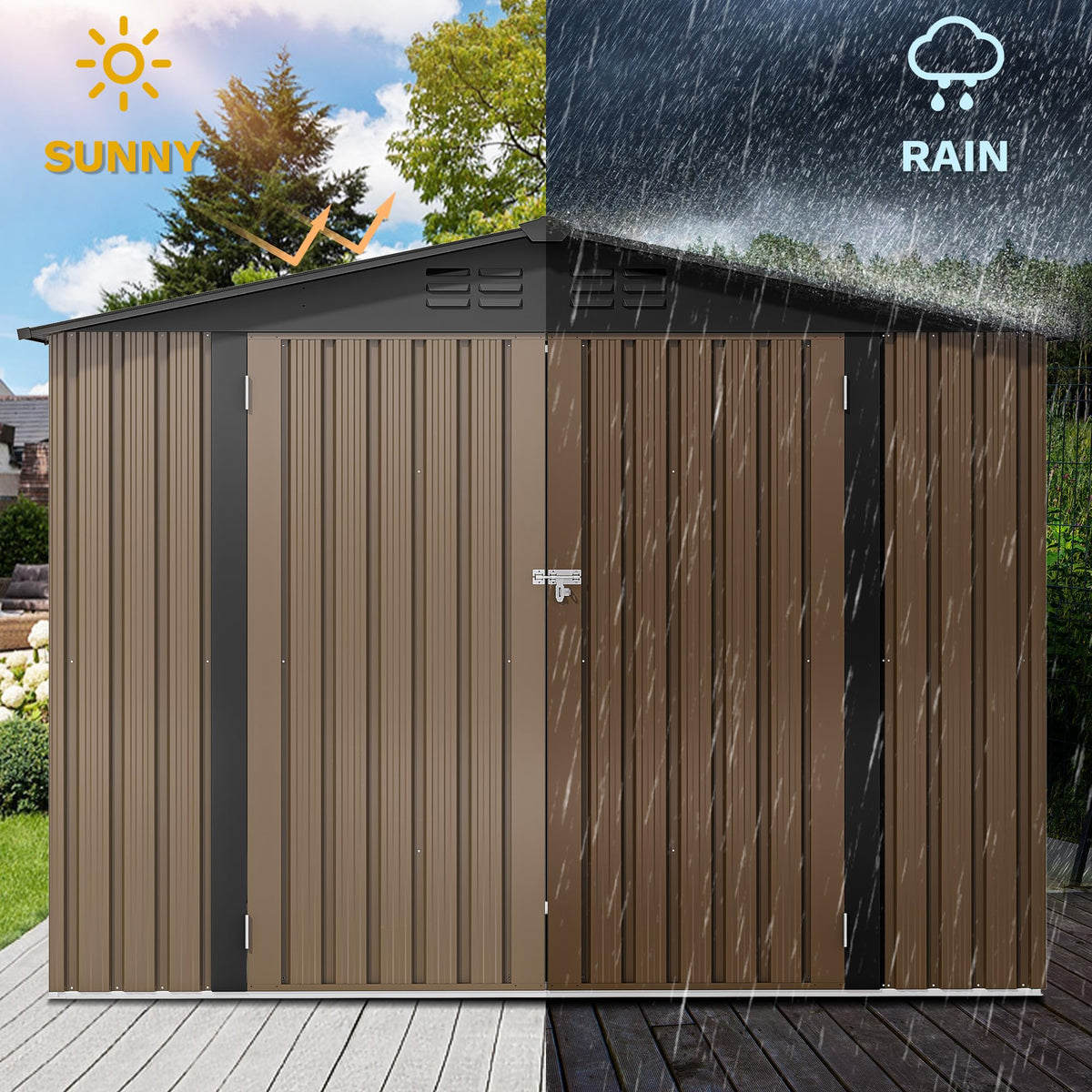 DWVO 7x5ft Metal Outdoor Storage Shed, Waterproof Tool Shed Heavy-Duty Storage Unit with Lockable Door and Vents, Ideal for Bicycles, Tools, Lawnmowers, Backyards, Patios, Lawns - Brown