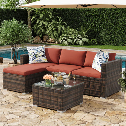 MilleLoom 5-Piece Outdoor Sectional Sofa Set, All-Weather PE Rattan Patio Furniture with Ottoman & Tempered Glass Table, Convertible Garden Couch for Backyard, Porch, Poolside (Brown/Wine Red)