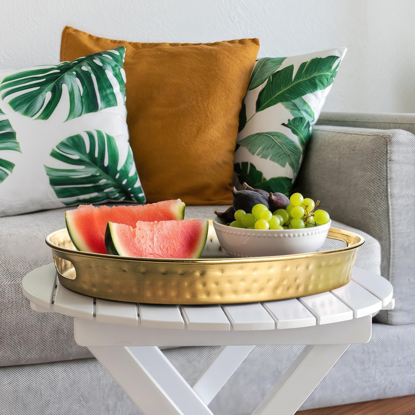 Monarch Abode Serving Tray with Handles – 17-Inch Hand Hammered Metal Platter for Living Room, Brushed Gold Finish Large Ottoman Tray Accent for Coffee Table, Tea & Food Serving Dish for Party