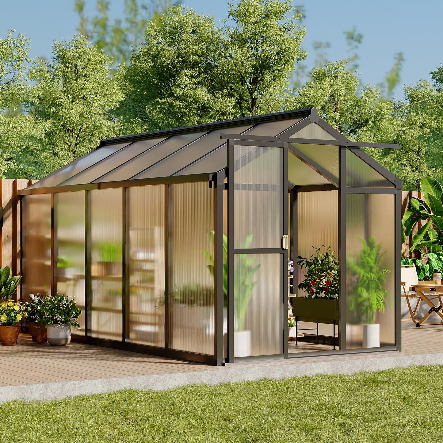 GarveeTech 6X10 FT Greenhouse, Polycarbonate Garden Greenhouse for Outdoors,Aluminum Frame Green House with Lockable Door and Adjustable Roof Vent, Ideal for Backyard Patio and Outside Growing