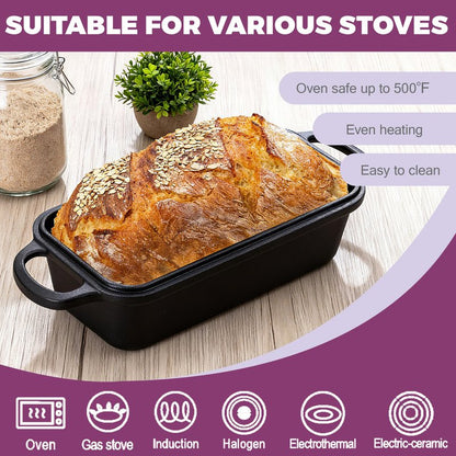 Vanderlume 11x5 Inch Cast Iron Loaf Pan with Lid, Large Dutch Oven Bread Loaf Pan for Sourdough, Homemade Bread Baking, Even Heat Distribution, 5.8Qt