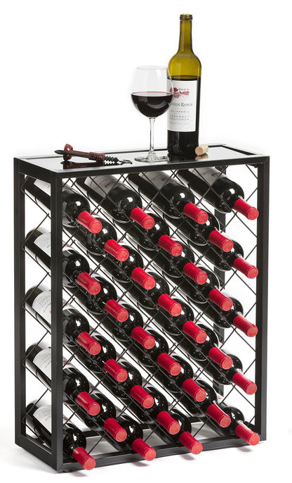 Mango Steam 32 Bottle Wine Rack with Black Glass Top Shelf, Free Standing for Home, Kitchen and Bar