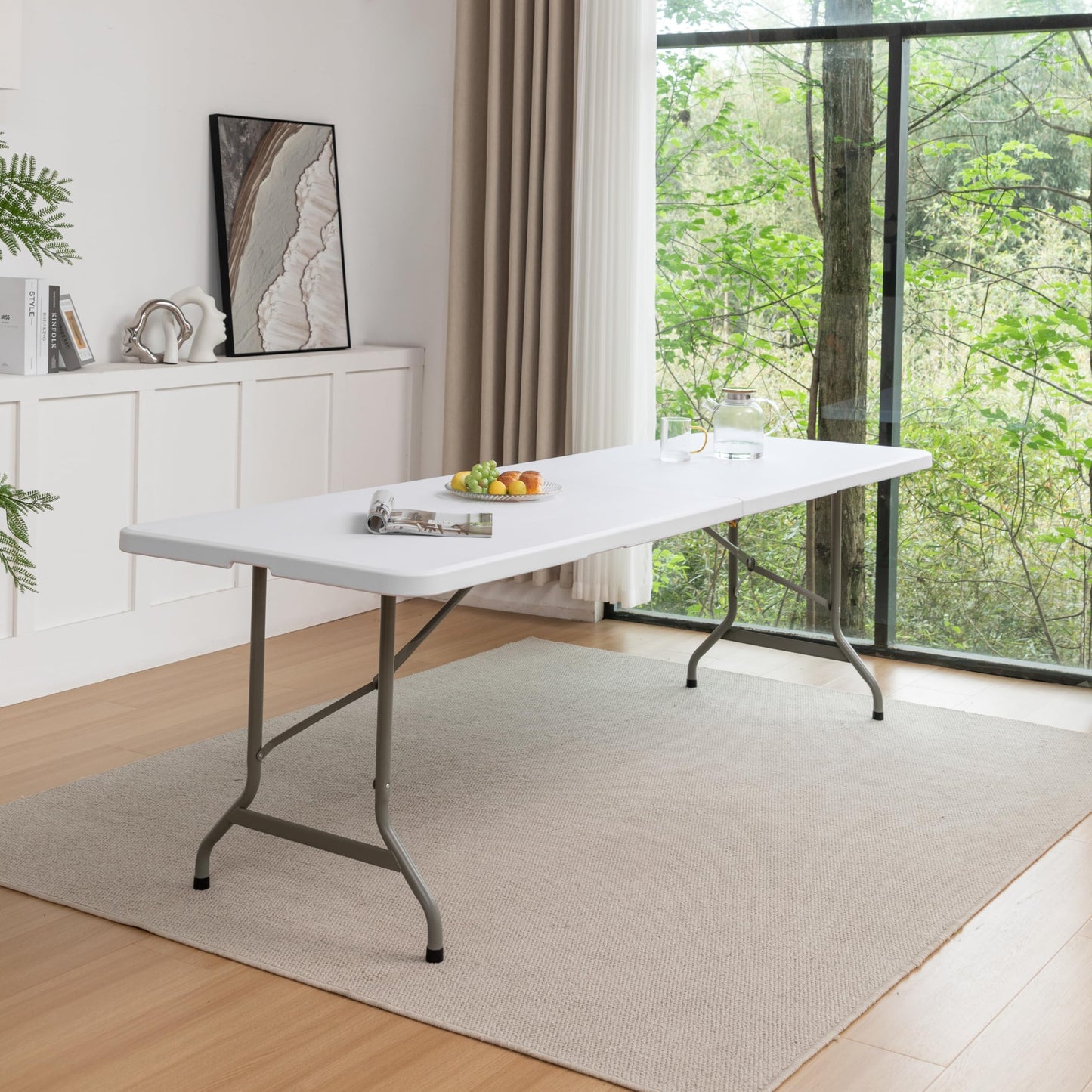 BTEXPERT Set of 5, 8-Foot - 96" Long White Plastic Folding Table Portable 30" Wide, 29" High, Indoor Outdoor Events Banquet Dining Party Patio