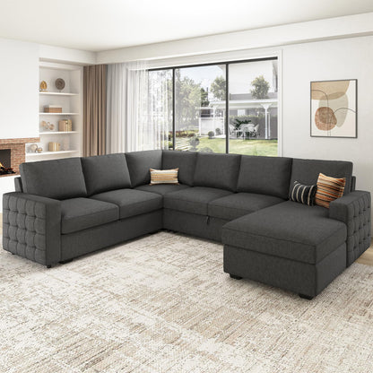 HONBAY Sectional Sleeper Sofa with Pull-Out Bed Storage Chaise, 6 Seaters Couch for Living Room, Light Grey