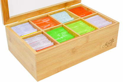 Kozy Kitchen Bamboo Tea Box Storage Organizer, 100% Natural Wooden Finish Tea Bag Organizer 8 Storage Compartments and Clear Shatterproof Hinged Lid