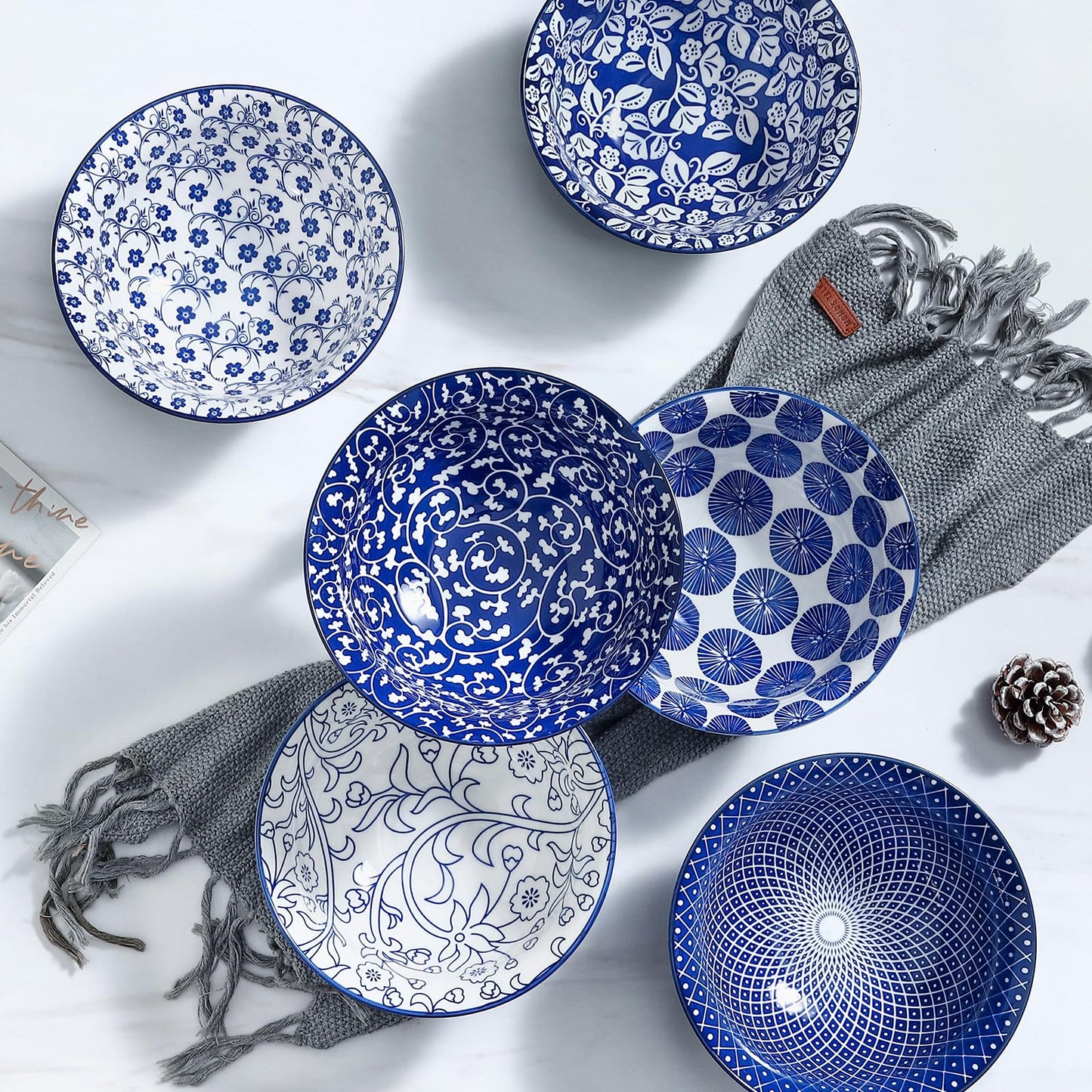 Selamica 7 inches Porcelain Cereal Bowl Set - Set of 6, Soup Bowls, Ceramic bowls for Cereal, Soup, Salad and Pasta, Vintage Blue