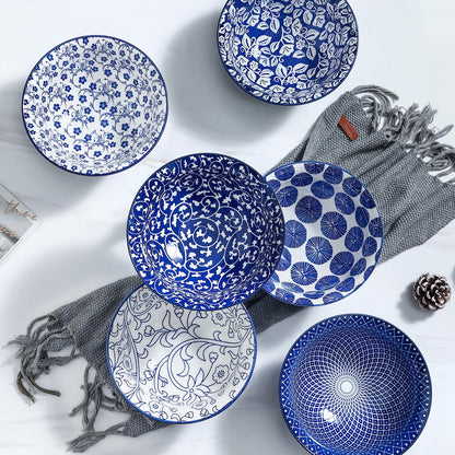 Selamica 7 inches Porcelain Cereal Bowl Set - Set of 6, Soup Bowls, Ceramic bowls for Cereal, Soup, Salad and Pasta, Vintage Blue