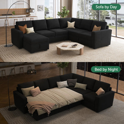 HONBAY Sectional Sleeper Couch with Pull Out Bed, U Shaped Sectional Sofa with Storage, Modular Velvet Sectional Couches for Living Room, Black