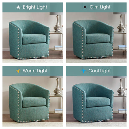 Madison Park Swivel Barrel Accent Chair, Upholstered Curved Back with 7-Inch Thick Woven Cushion, 360° Swivel, Nailhead Trim, Comfy Chair for Living Room, Bedroom, Office, 28" Wide, Teal, Tyler