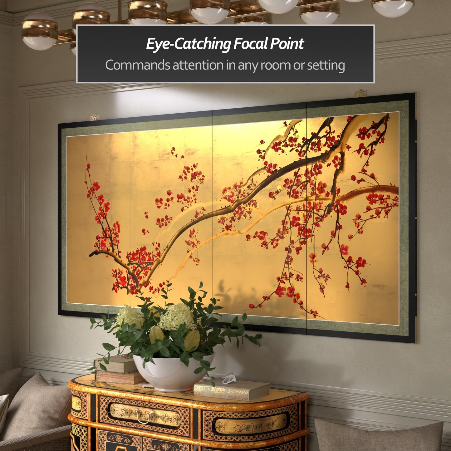 Red Lantern 36" x 72" Plum Tree on Gold Leaf Silk Screen
