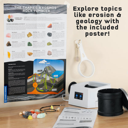 The Thames & Kosmos Rock Tumbler Essential STEM Tool | Durable, Leak-Proof, Noise-Reducing Barrel, Built-in Timer | Polish & Shine Kids Rock Collections, Includes Authentic Specimens & Polishing Grits
