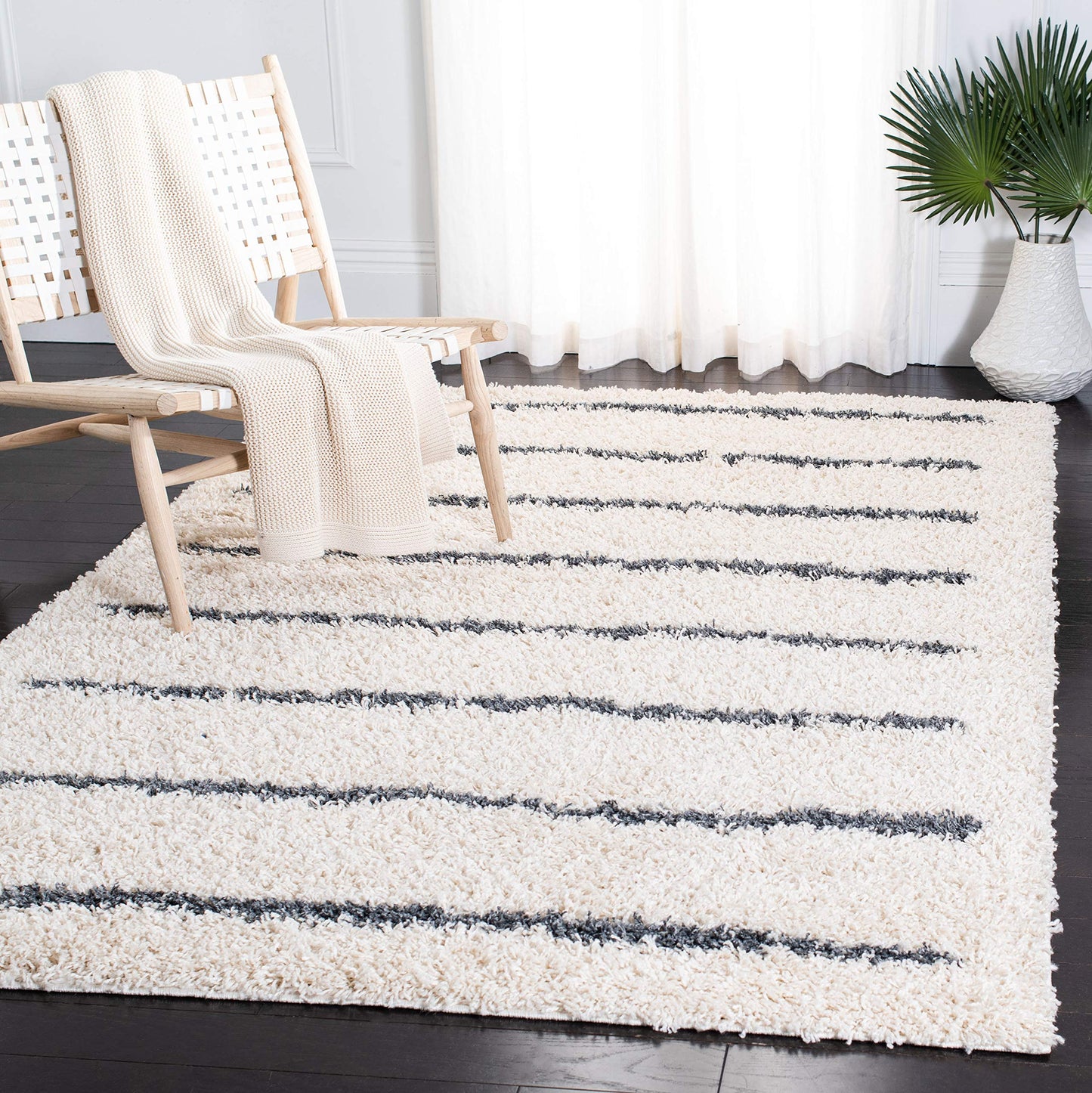 SAFAVIEH Venus Shag Collection Area Rug - 10' x 14', Ivory & Dark Grey, Stripe Design, Non-Shedding & Easy Care, 1.8-inch Thick Ideal for High Traffic Areas in Living Room, Bedroom (VNS604B)
