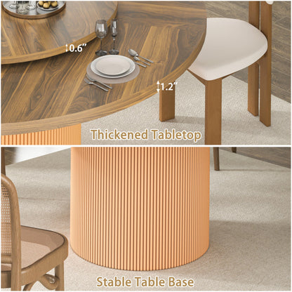 55 Inch Round Dining Table for 6 with Lazy Susan, Modern Farmhouse Kitchen Table with Wood Strip Base for Dining Living Room, Brown