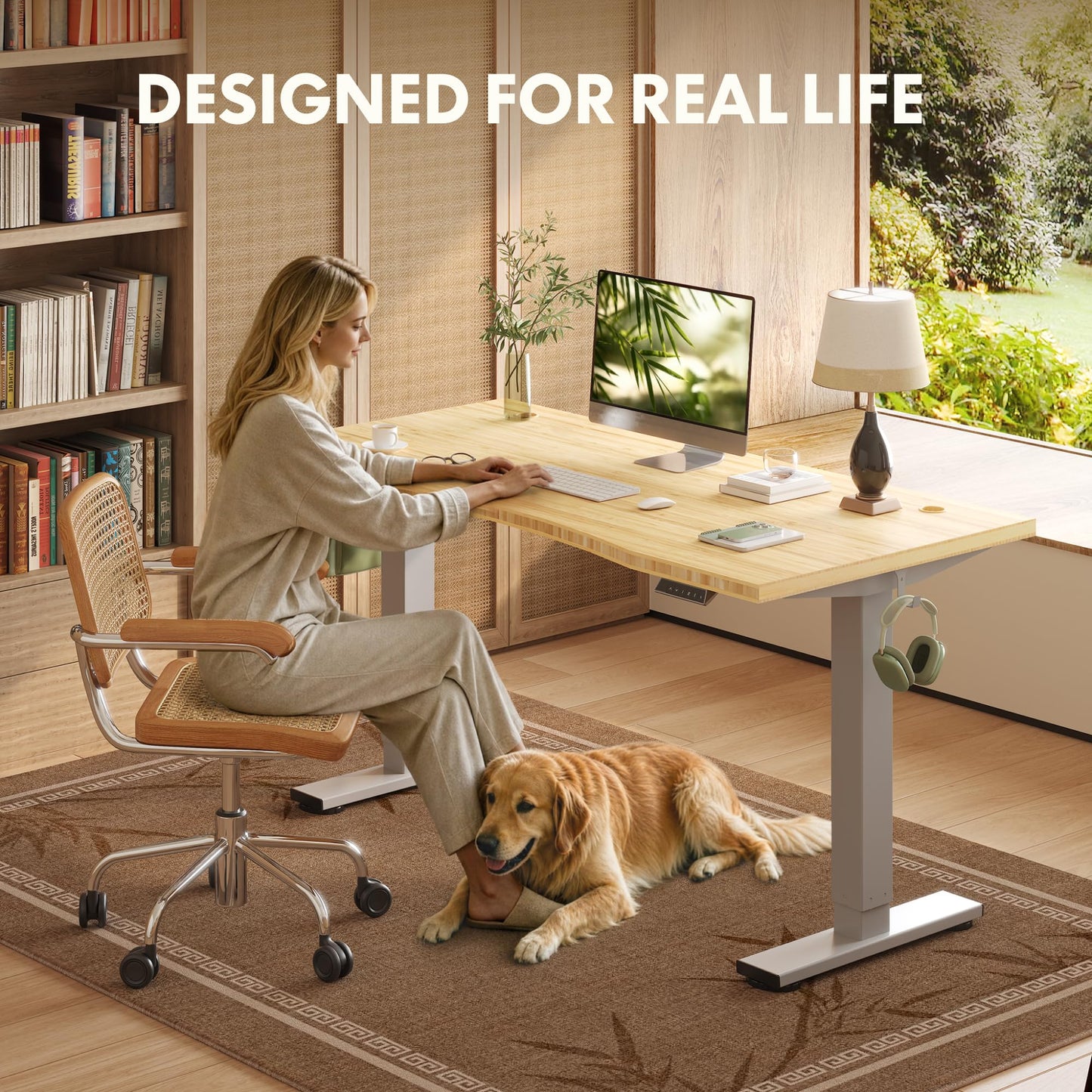 FLEXISPOT Solid Wood Standing Desk, One-Piece Real Wood Desktop, Electric Height Adjustable Desk for Home Office, 176 LBS Capacity (60"x30" Curved Bamboo, Silver Frame)