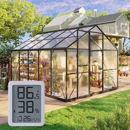8x10FT Greenhouse Kits with Hygrometer, Polycarbonate Green Houses for Outside Heavy Duty with Aluminum Frame, Walk in Greenhouses with Drainage Channel Roof Vent for Backyard or Garden Use