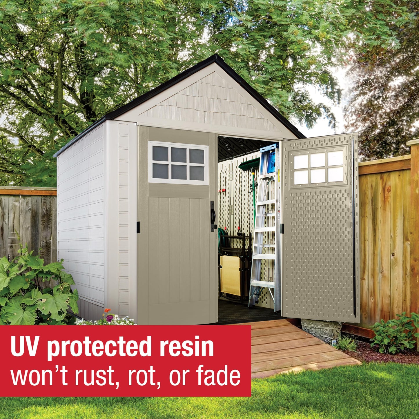 Rubbermaid 7 Foot by 7 Foot Weatherproof Outdoor Storage Shed for Garden Tools and Lawn Machinery Organization with Lockable Double Door Sandstone